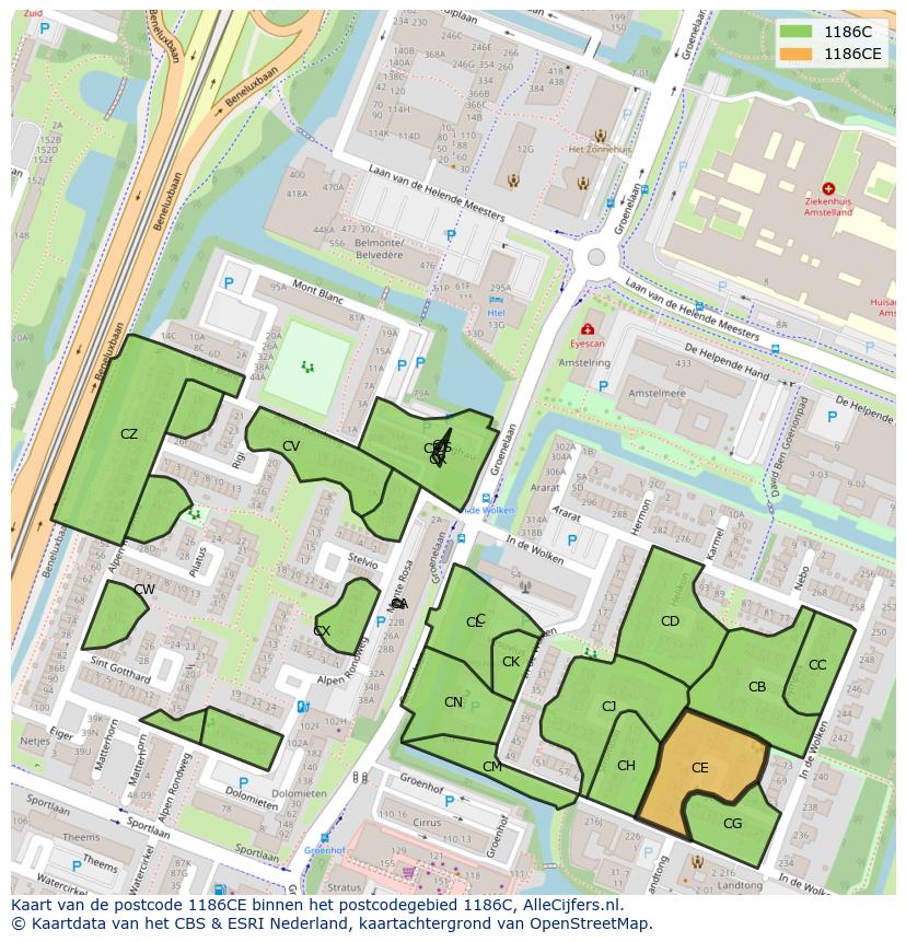 Afbeelding van het postcodegebied 1186 CE op de kaart.