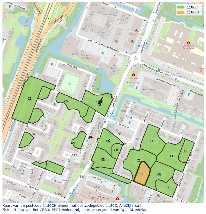 Afbeelding van het postcodegebied 1186 CH op de kaart.