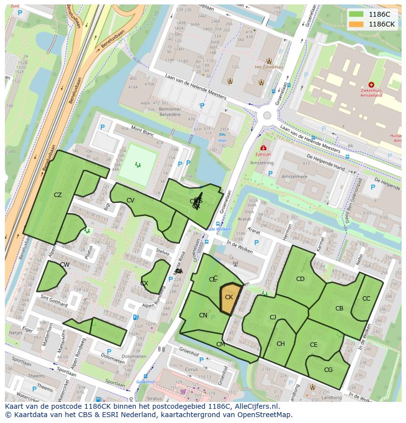 Afbeelding van het postcodegebied 1186 CK op de kaart.