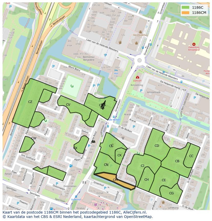 Afbeelding van het postcodegebied 1186 CM op de kaart.