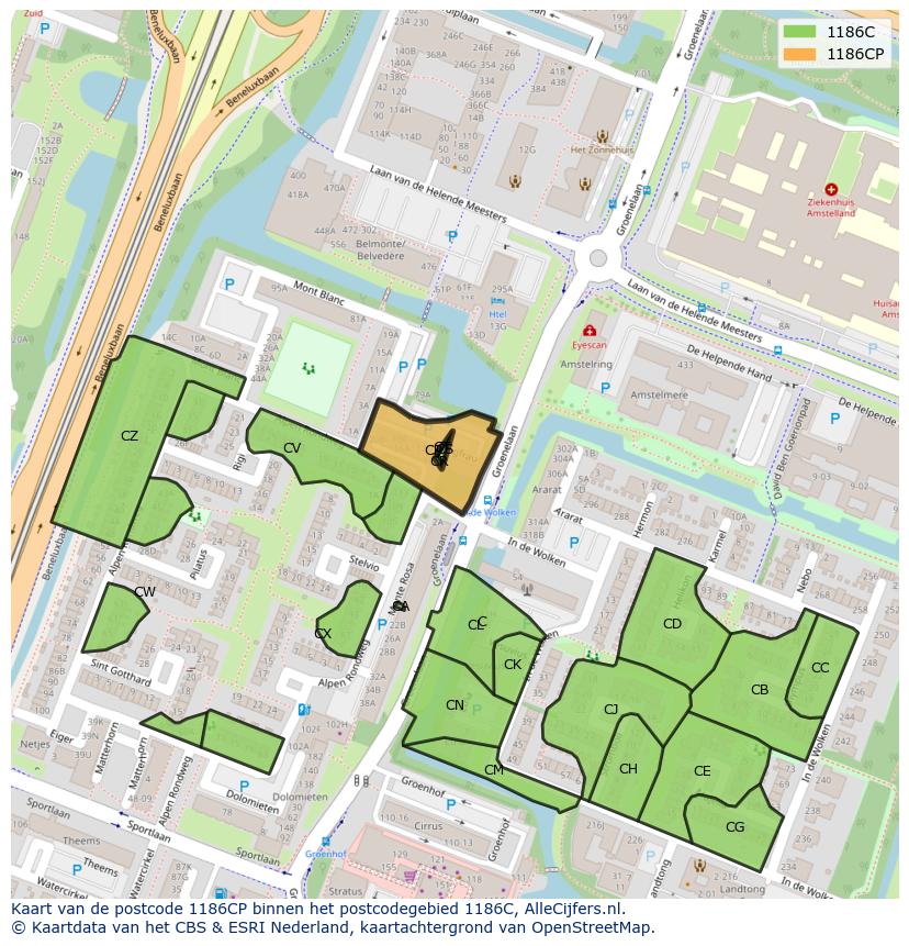 Afbeelding van het postcodegebied 1186 CP op de kaart.