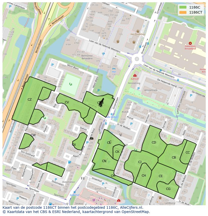 Afbeelding van het postcodegebied 1186 CT op de kaart.