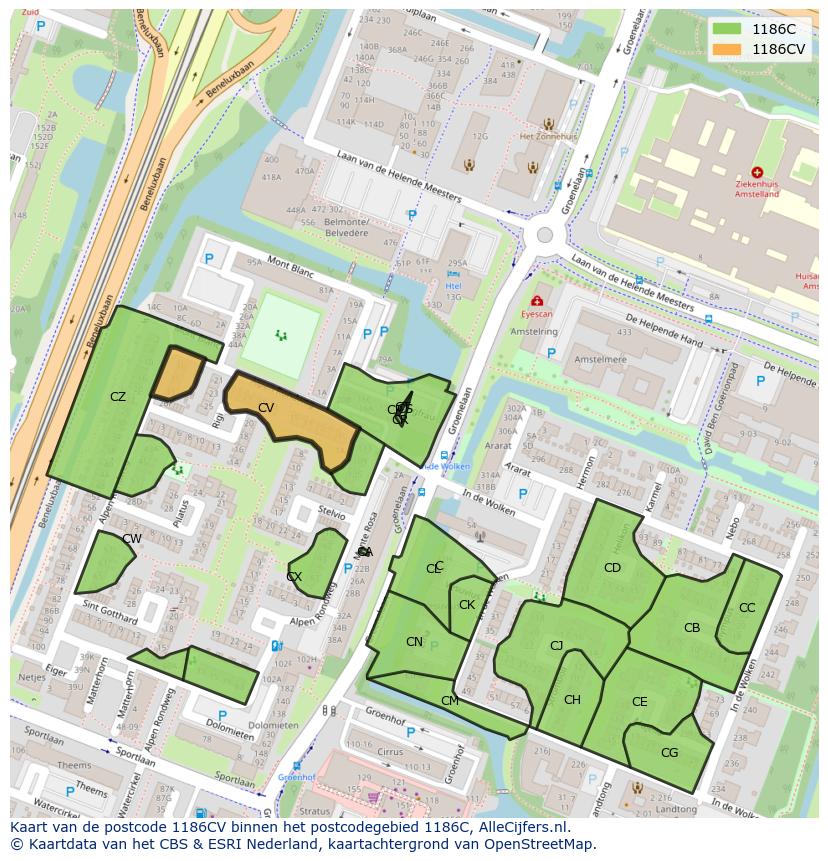 Afbeelding van het postcodegebied 1186 CV op de kaart.