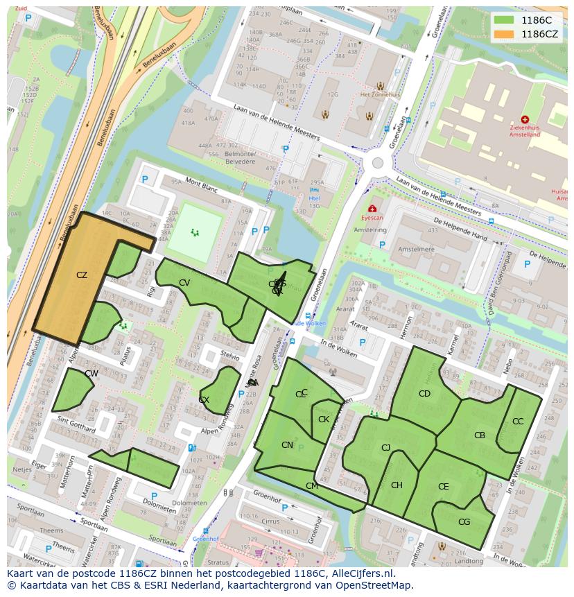 Afbeelding van het postcodegebied 1186 CZ op de kaart.