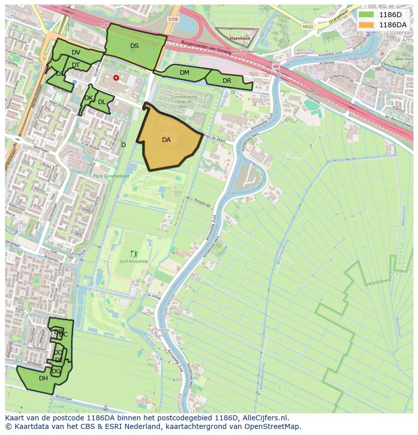 Afbeelding van het postcodegebied 1186 DA op de kaart.