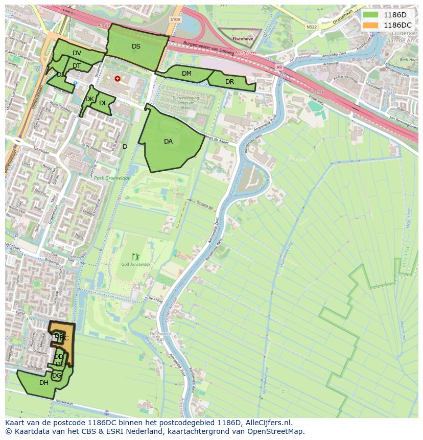 Afbeelding van het postcodegebied 1186 DC op de kaart.