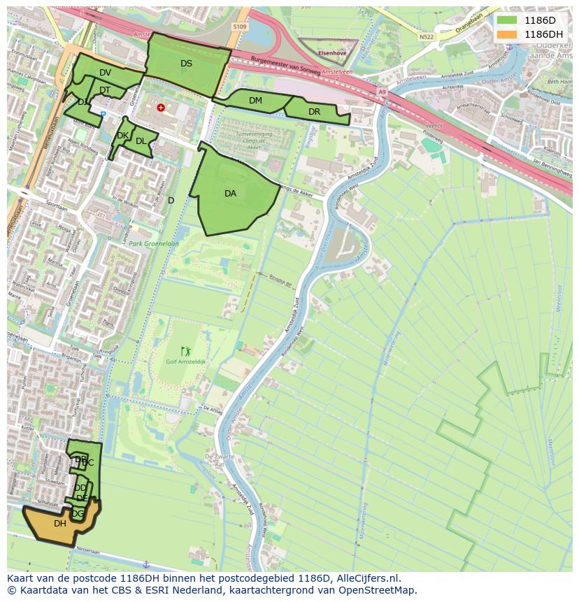 Afbeelding van het postcodegebied 1186 DH op de kaart.