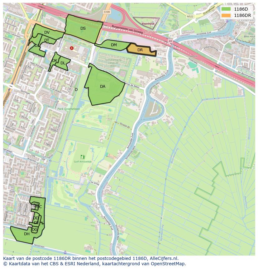 Afbeelding van het postcodegebied 1186 DR op de kaart.