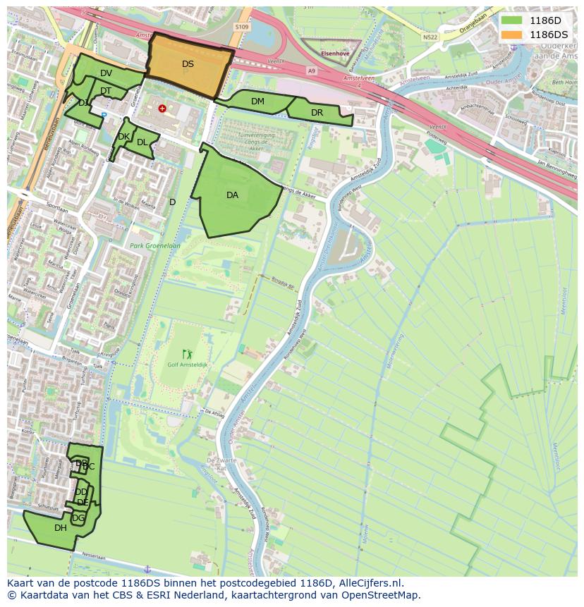 Afbeelding van het postcodegebied 1186 DS op de kaart.