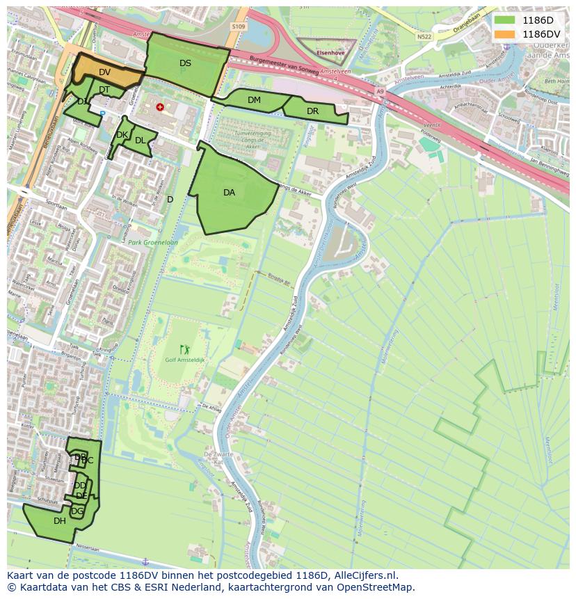 Afbeelding van het postcodegebied 1186 DV op de kaart.