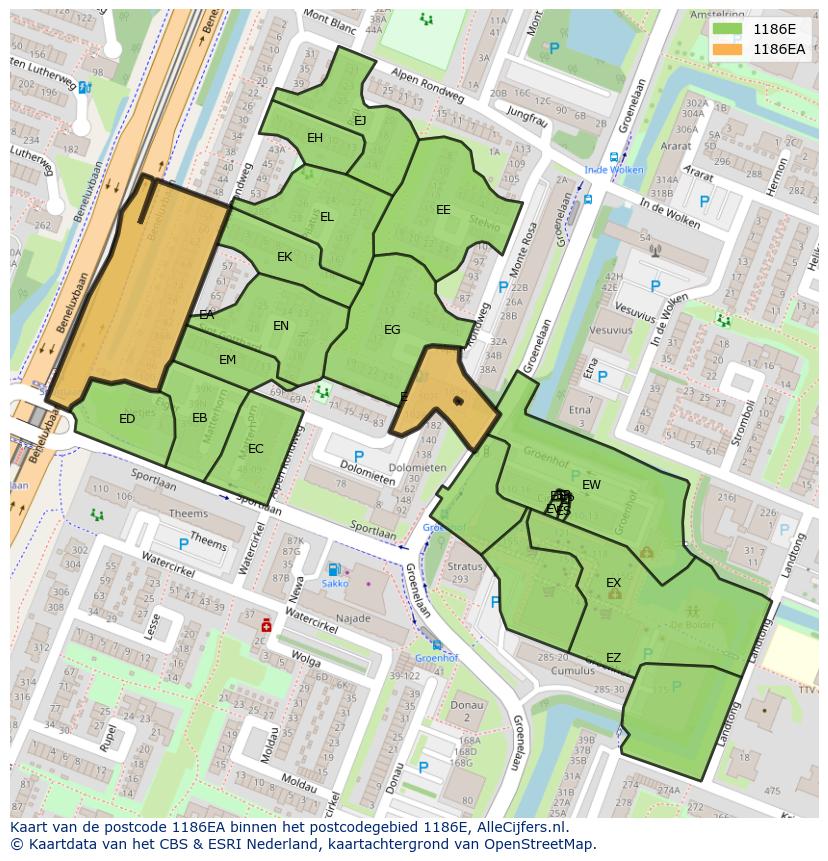 Afbeelding van het postcodegebied 1186 EA op de kaart.