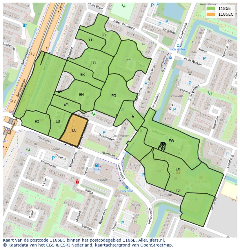 Afbeelding van het postcodegebied 1186 EC op de kaart.