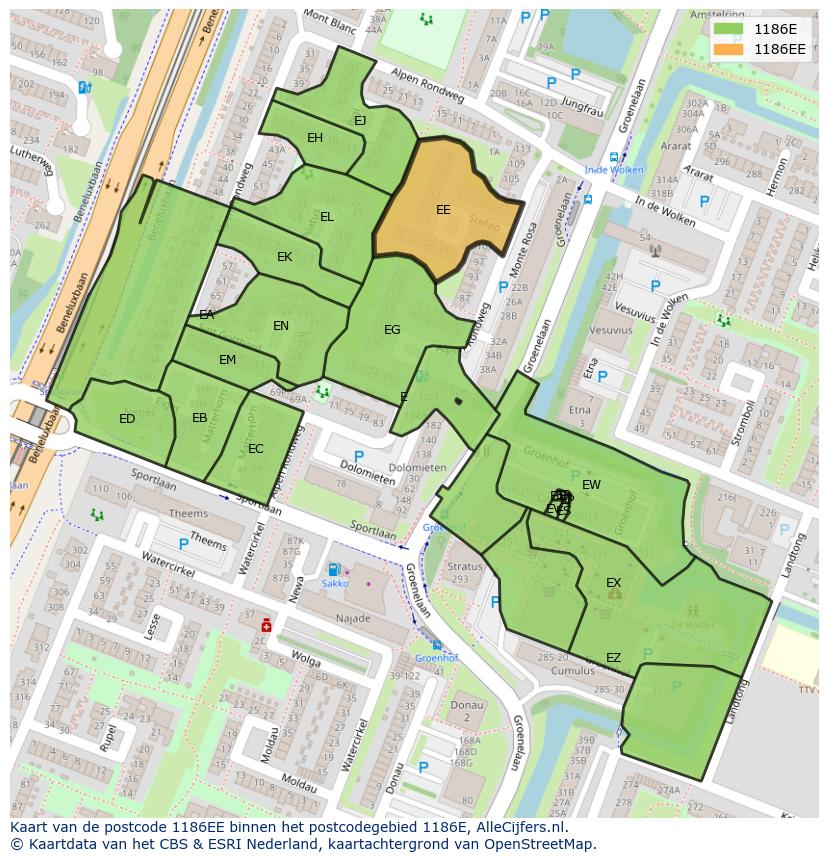 Afbeelding van het postcodegebied 1186 EE op de kaart.