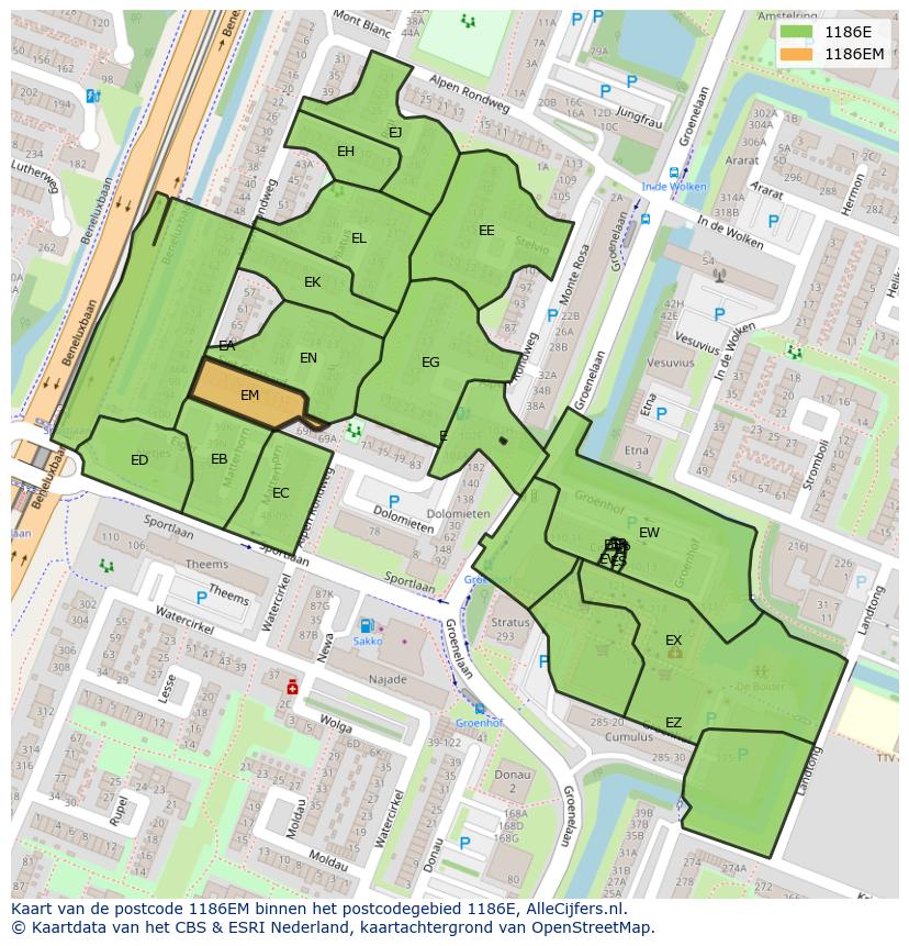 Afbeelding van het postcodegebied 1186 EM op de kaart.