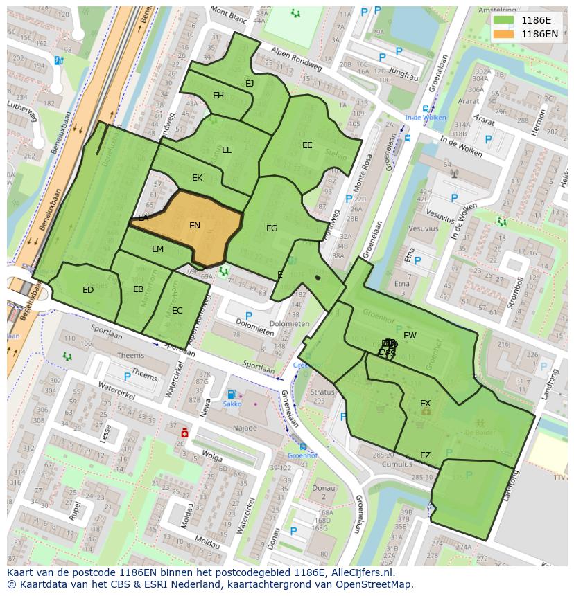 Afbeelding van het postcodegebied 1186 EN op de kaart.