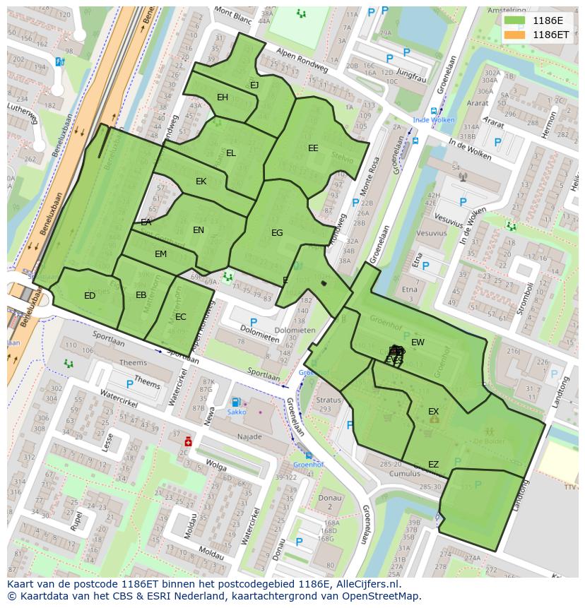 Afbeelding van het postcodegebied 1186 ET op de kaart.