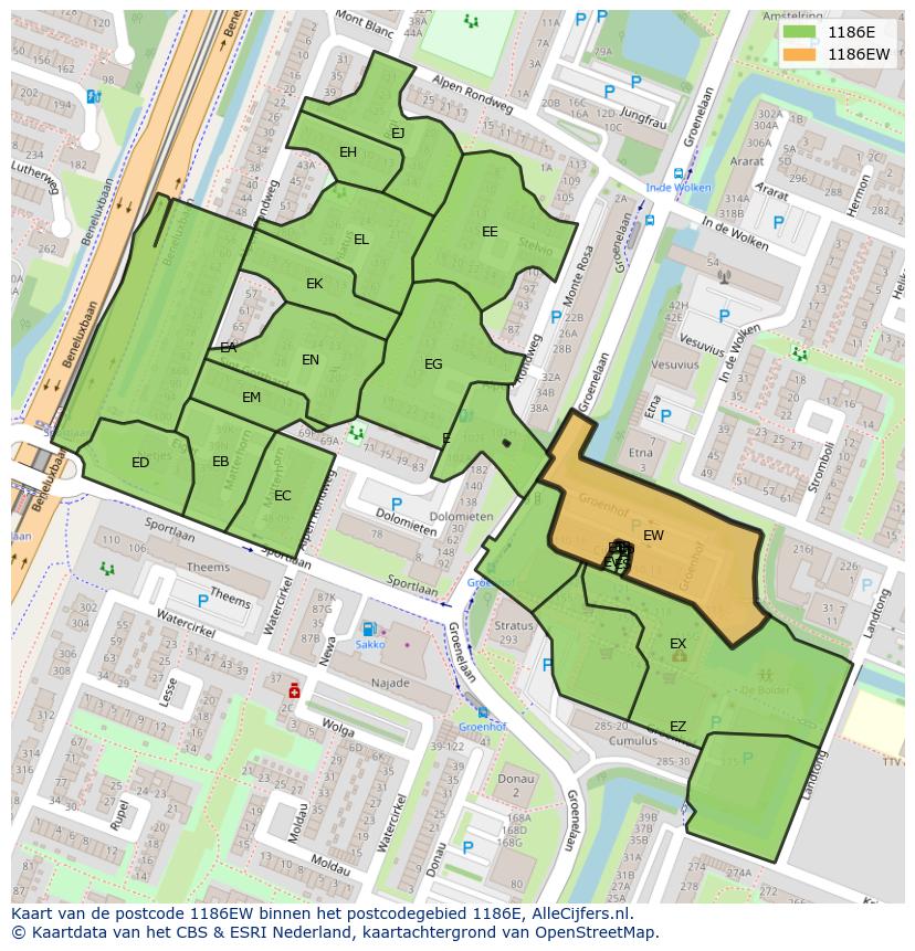 Afbeelding van het postcodegebied 1186 EW op de kaart.