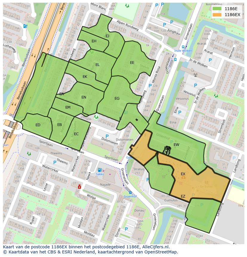 Afbeelding van het postcodegebied 1186 EX op de kaart.