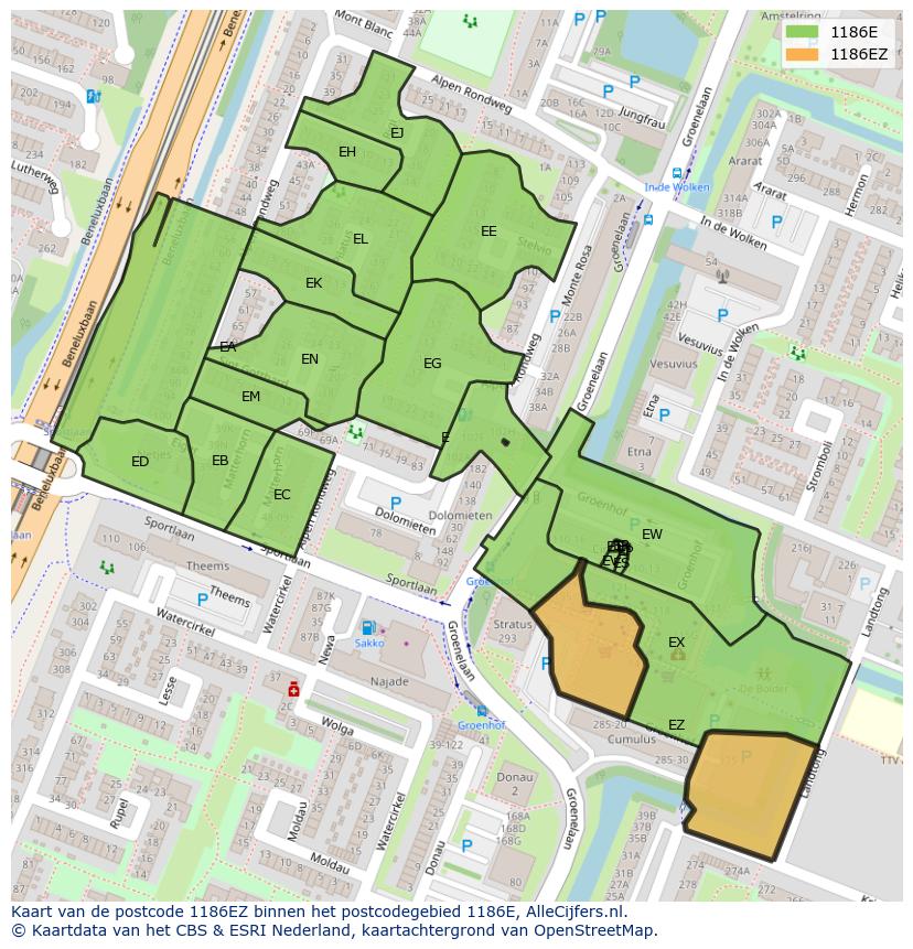 Afbeelding van het postcodegebied 1186 EZ op de kaart.