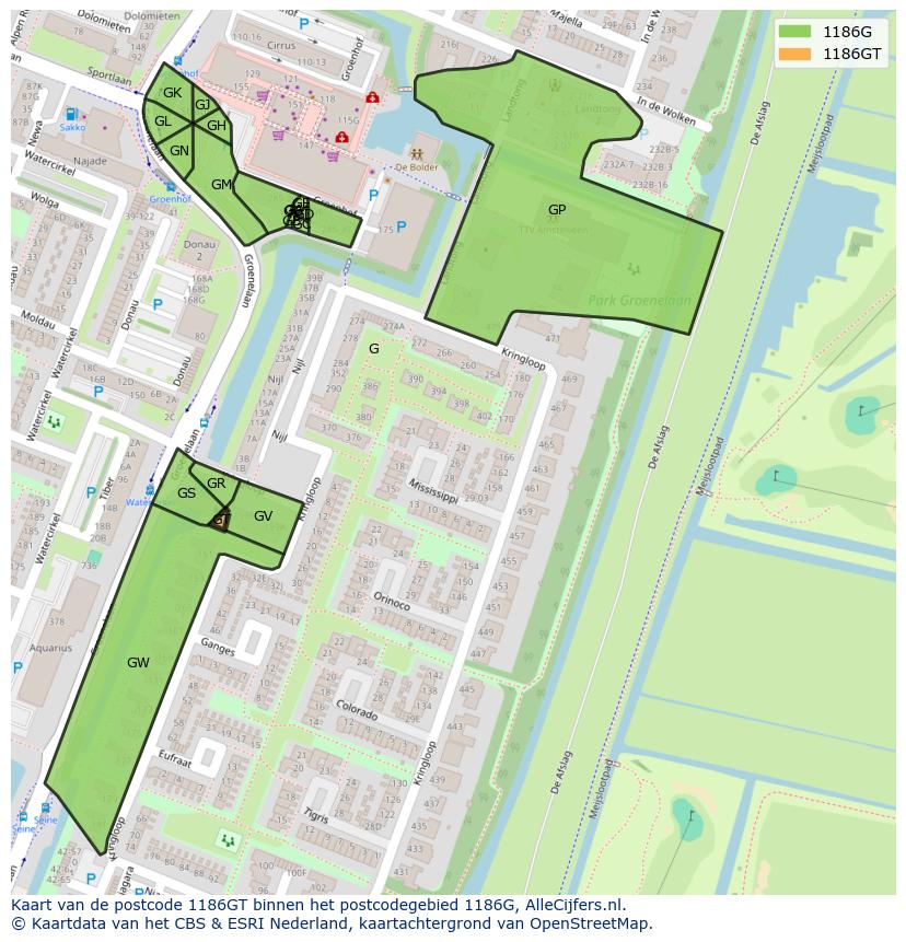 Afbeelding van het postcodegebied 1186 GT op de kaart.