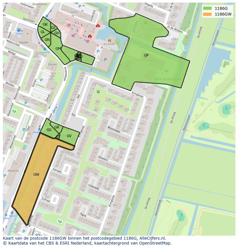 Afbeelding van het postcodegebied 1186 GW op de kaart.