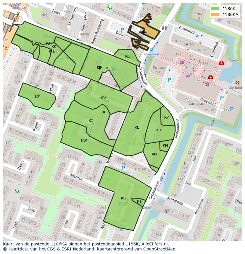 Afbeelding van het postcodegebied 1186 KA op de kaart.