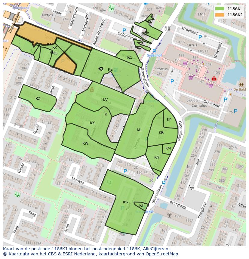 Afbeelding van het postcodegebied 1186 KJ op de kaart.
