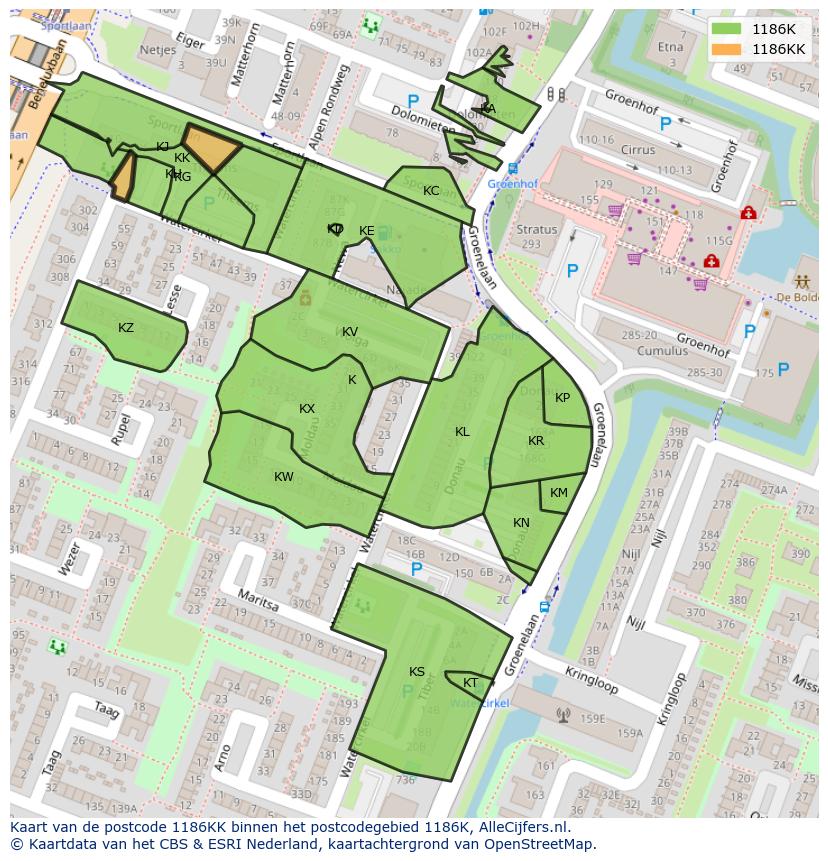 Afbeelding van het postcodegebied 1186 KK op de kaart.
