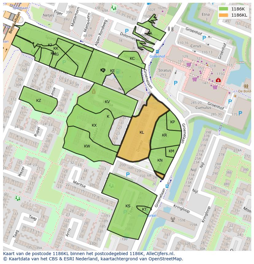 Afbeelding van het postcodegebied 1186 KL op de kaart.