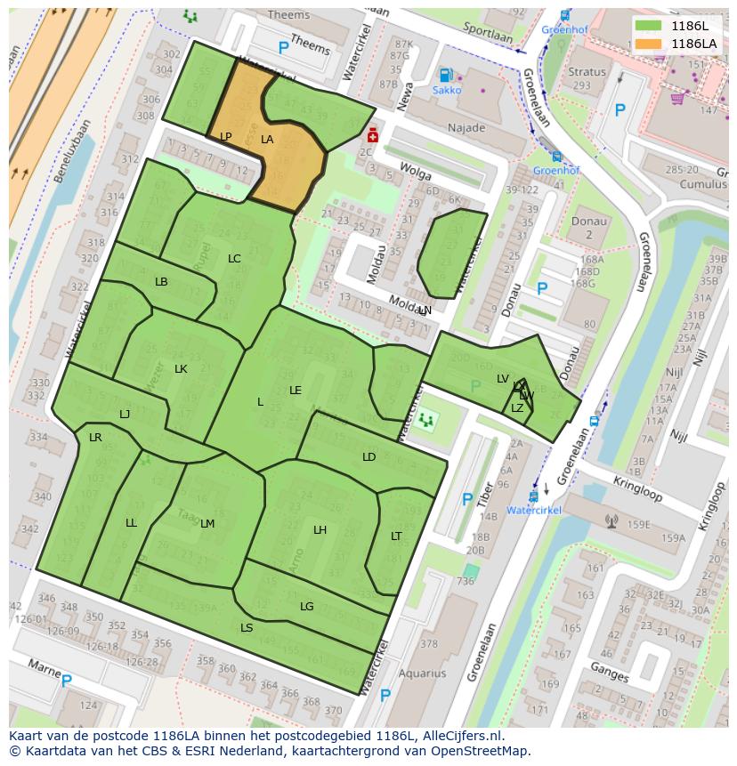 Afbeelding van het postcodegebied 1186 LA op de kaart.