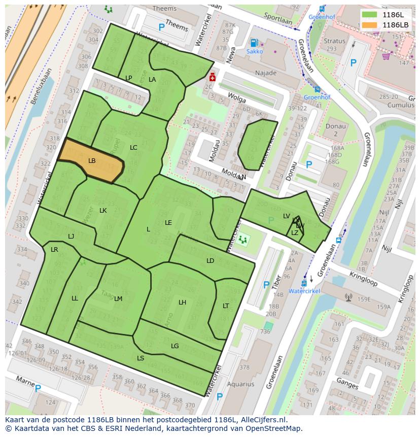 Afbeelding van het postcodegebied 1186 LB op de kaart.