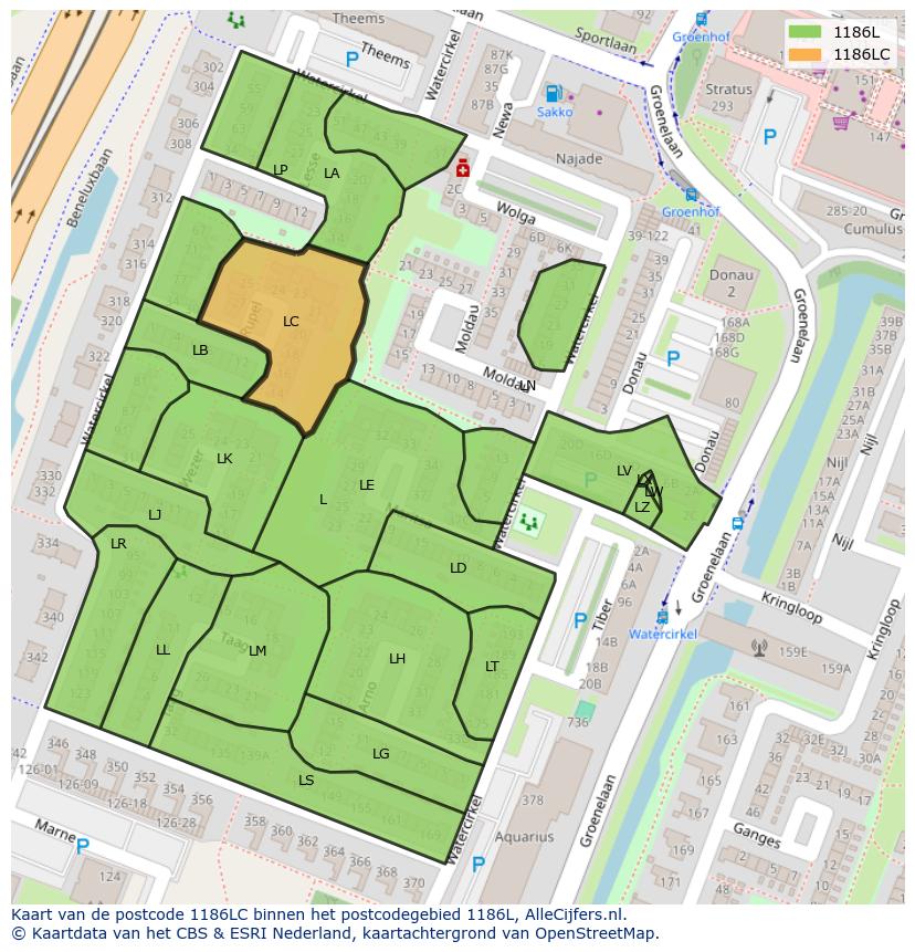 Afbeelding van het postcodegebied 1186 LC op de kaart.