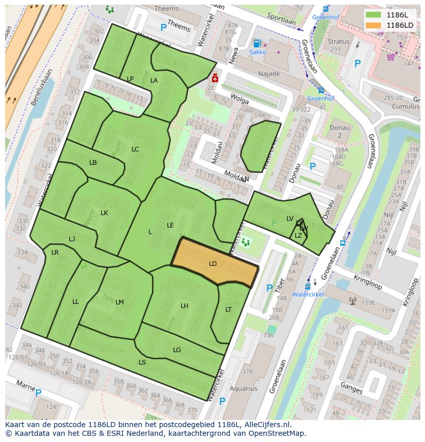 Afbeelding van het postcodegebied 1186 LD op de kaart.
