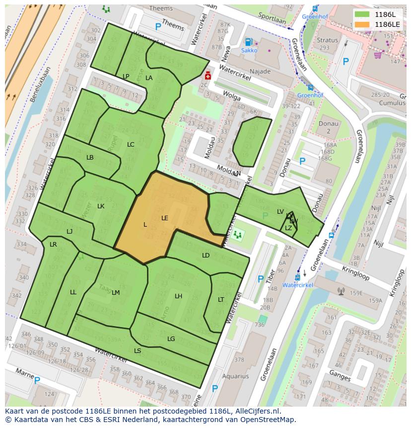 Afbeelding van het postcodegebied 1186 LE op de kaart.