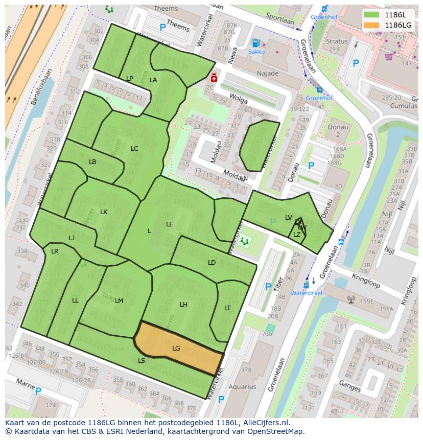 Afbeelding van het postcodegebied 1186 LG op de kaart.