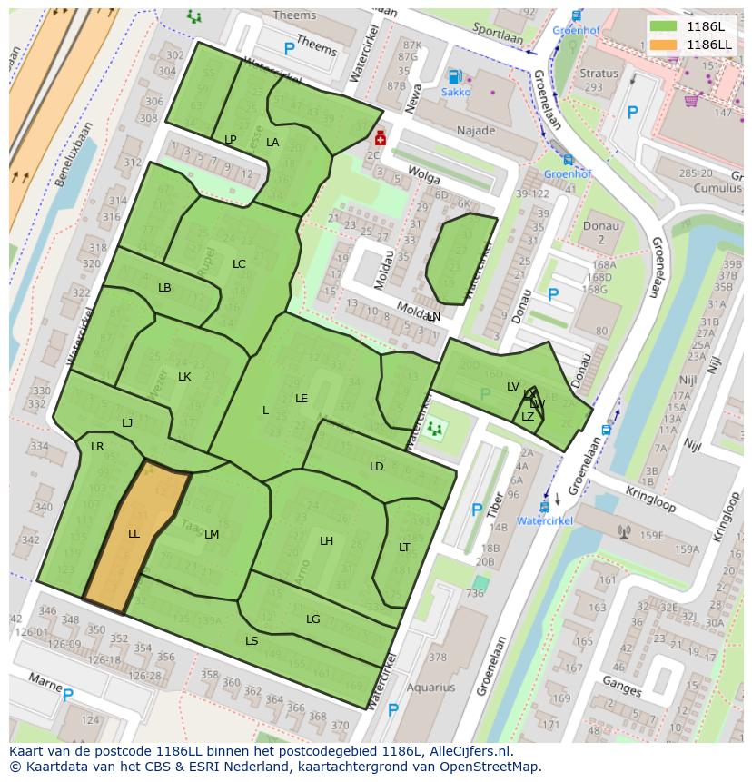 Afbeelding van het postcodegebied 1186 LL op de kaart.