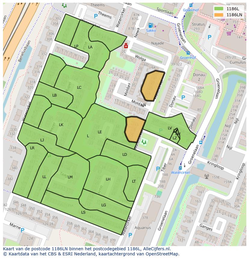Afbeelding van het postcodegebied 1186 LN op de kaart.