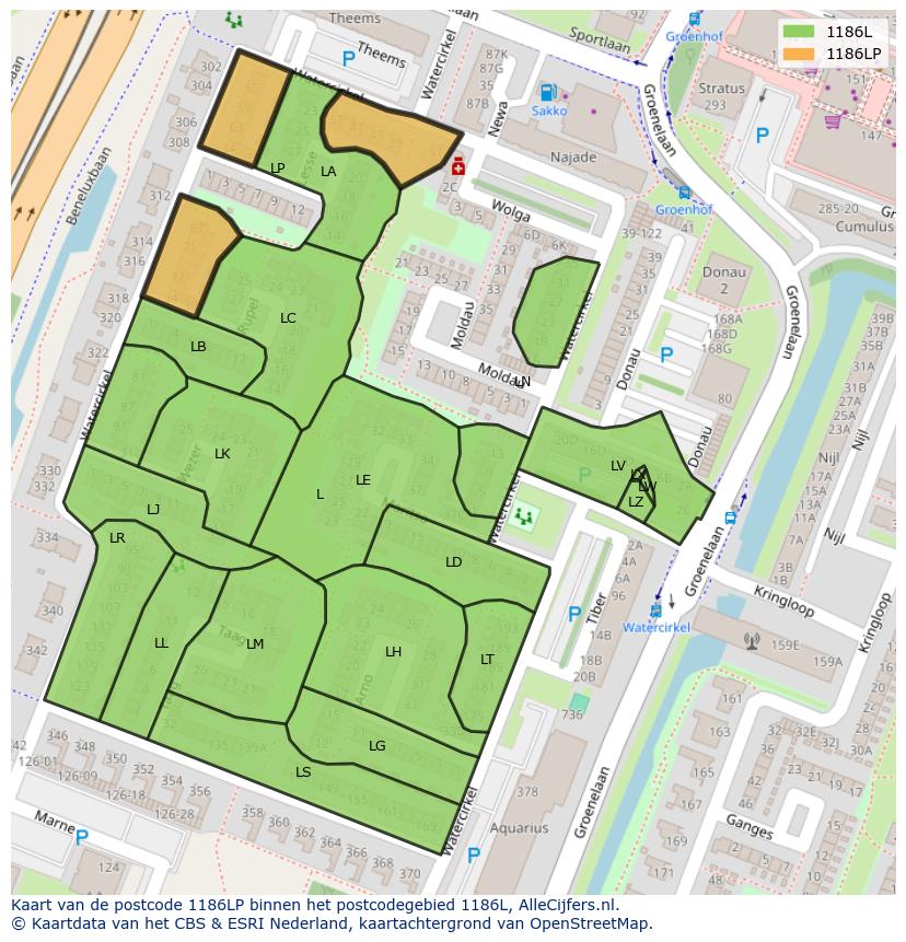 Afbeelding van het postcodegebied 1186 LP op de kaart.