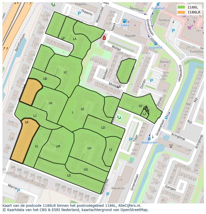 Afbeelding van het postcodegebied 1186 LR op de kaart.