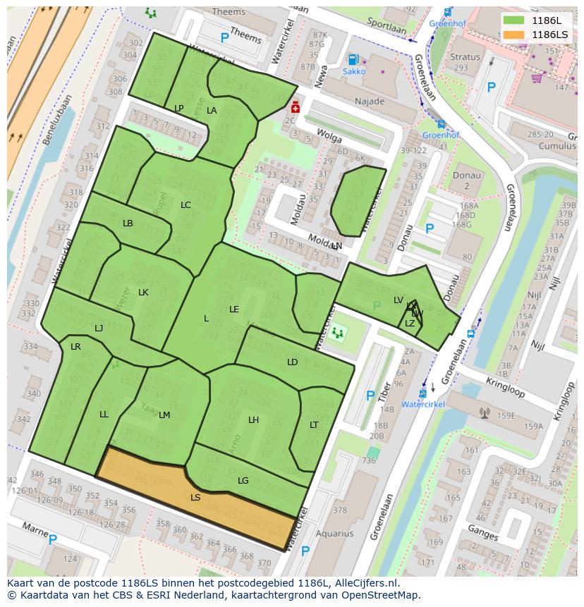 Afbeelding van het postcodegebied 1186 LS op de kaart.