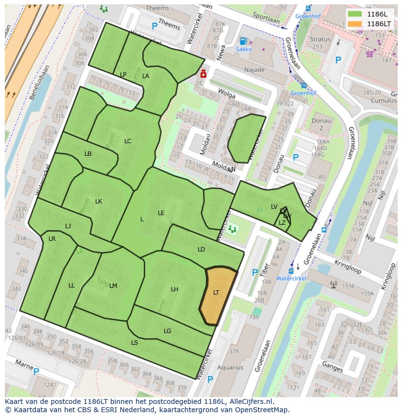 Afbeelding van het postcodegebied 1186 LT op de kaart.