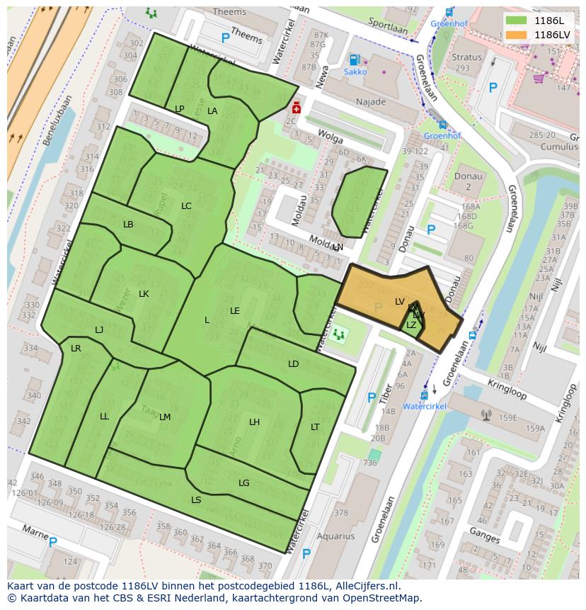 Afbeelding van het postcodegebied 1186 LV op de kaart.