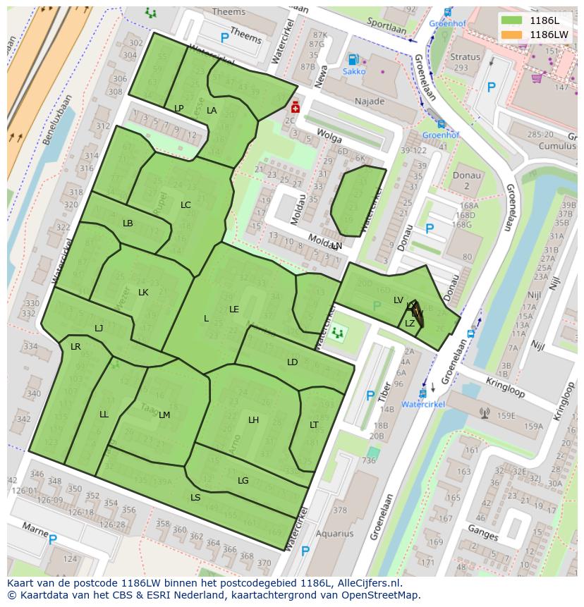 Afbeelding van het postcodegebied 1186 LW op de kaart.