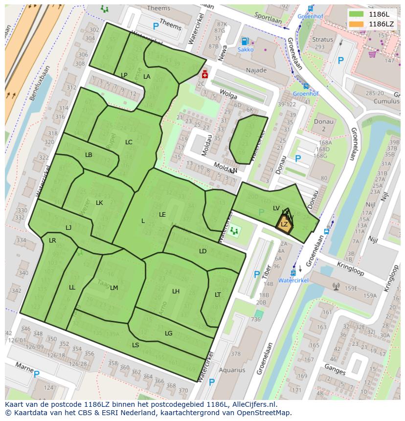 Afbeelding van het postcodegebied 1186 LZ op de kaart.