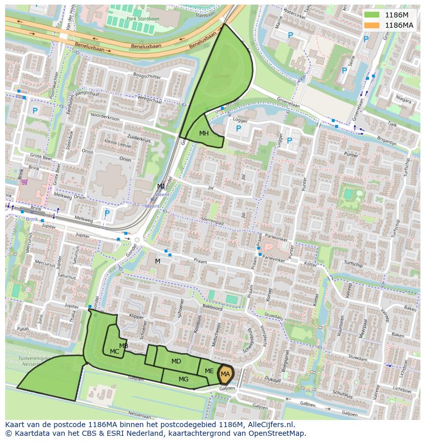 Afbeelding van het postcodegebied 1186 MA op de kaart.