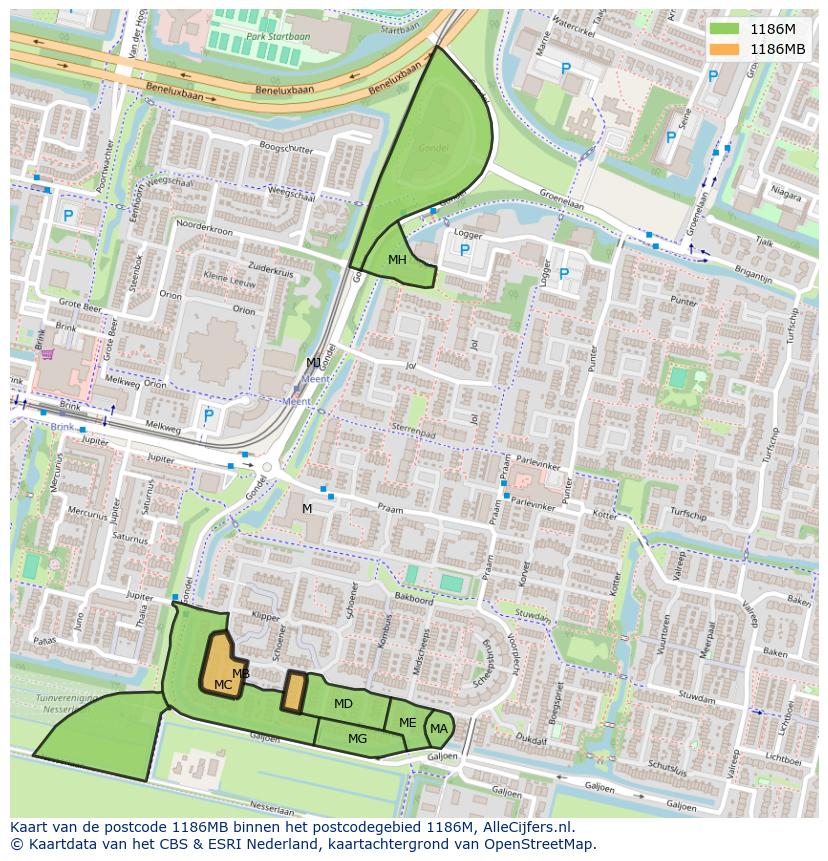 Afbeelding van het postcodegebied 1186 MB op de kaart.