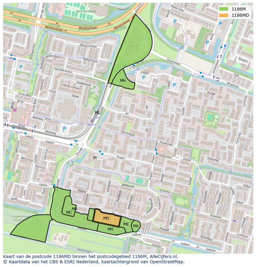 Afbeelding van het postcodegebied 1186 MD op de kaart.