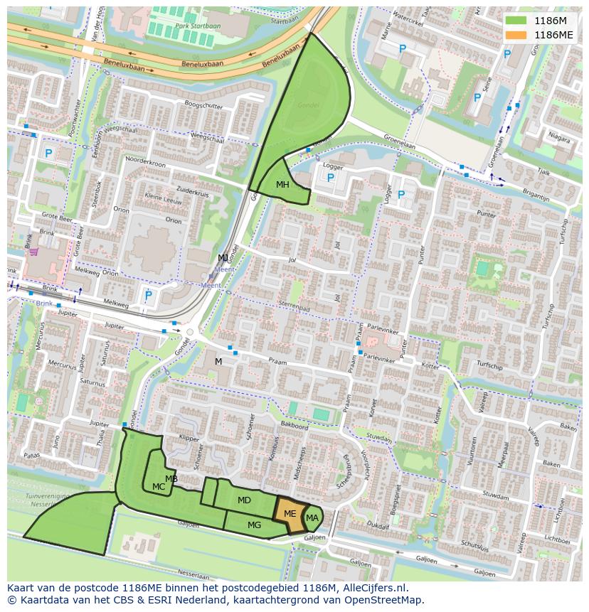 Afbeelding van het postcodegebied 1186 ME op de kaart.