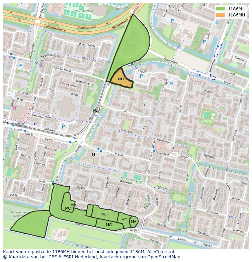 Afbeelding van het postcodegebied 1186 MH op de kaart.