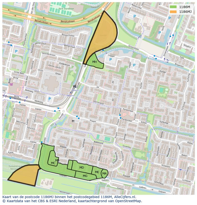 Afbeelding van het postcodegebied 1186 MJ op de kaart.